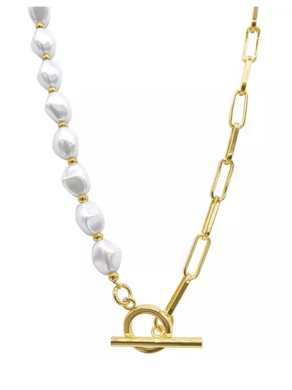 Gold & White Pearl Half-Link Toggle Necklace - Picture 4 of 7